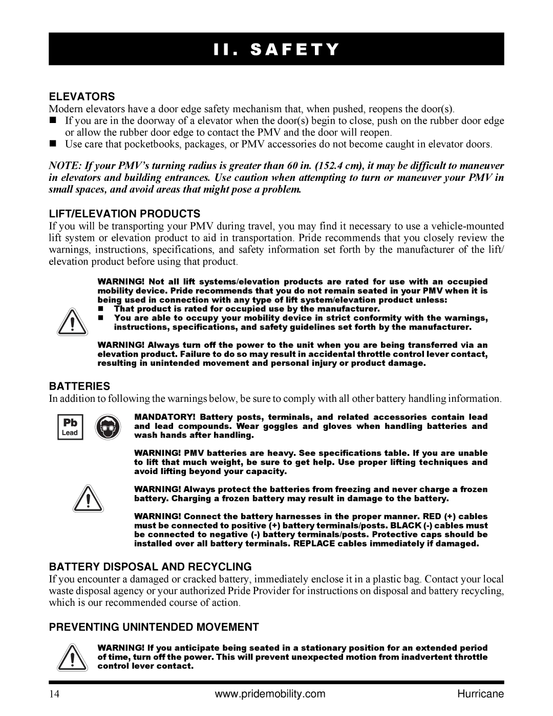 Pride Mobility PMV5001 manual Elevators, LIFT/ELEVATION Products, Batteries, Battery Disposal and Recycling 