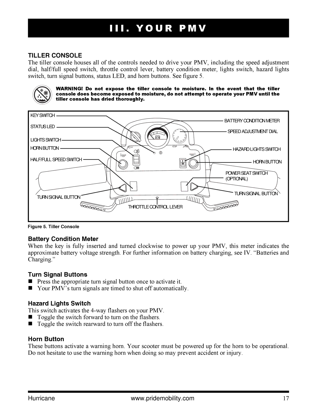 Pride Mobility PMV5001 manual I . Y O U R P M, Tiller Console 