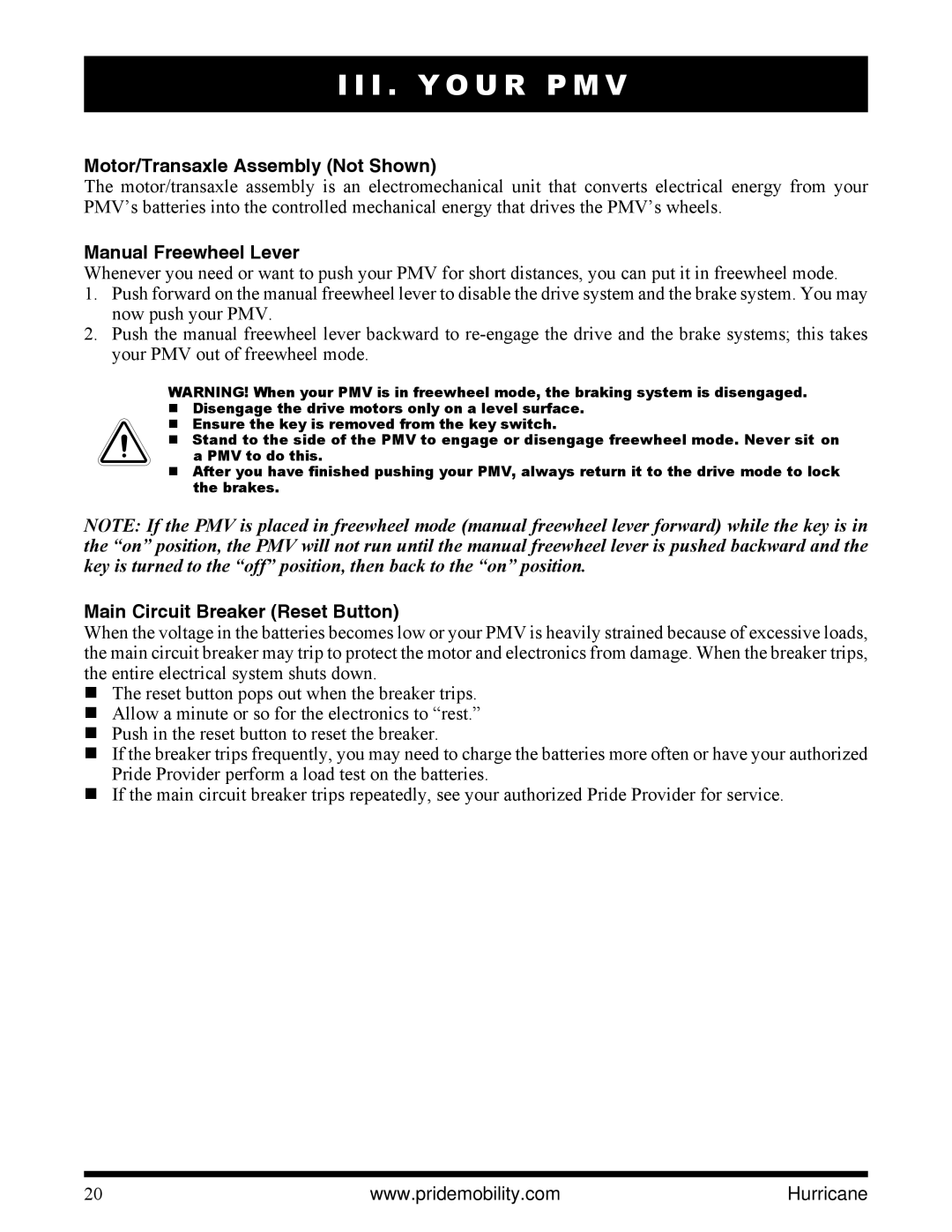 Pride Mobility PMV5001 manual Motor/Transaxle Assembly Not Shown 