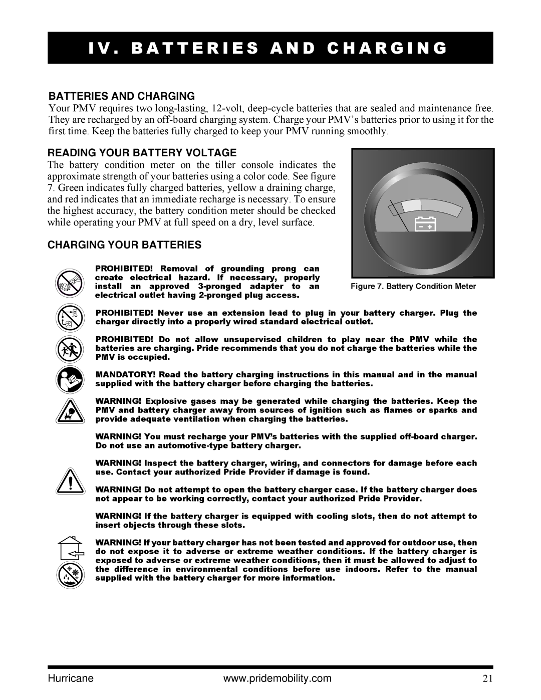 Pride Mobility PMV5001 manual B a T T E R I E S a N D C H a R G I N G, Batteries and Charging, Reading Your Battery Voltage 