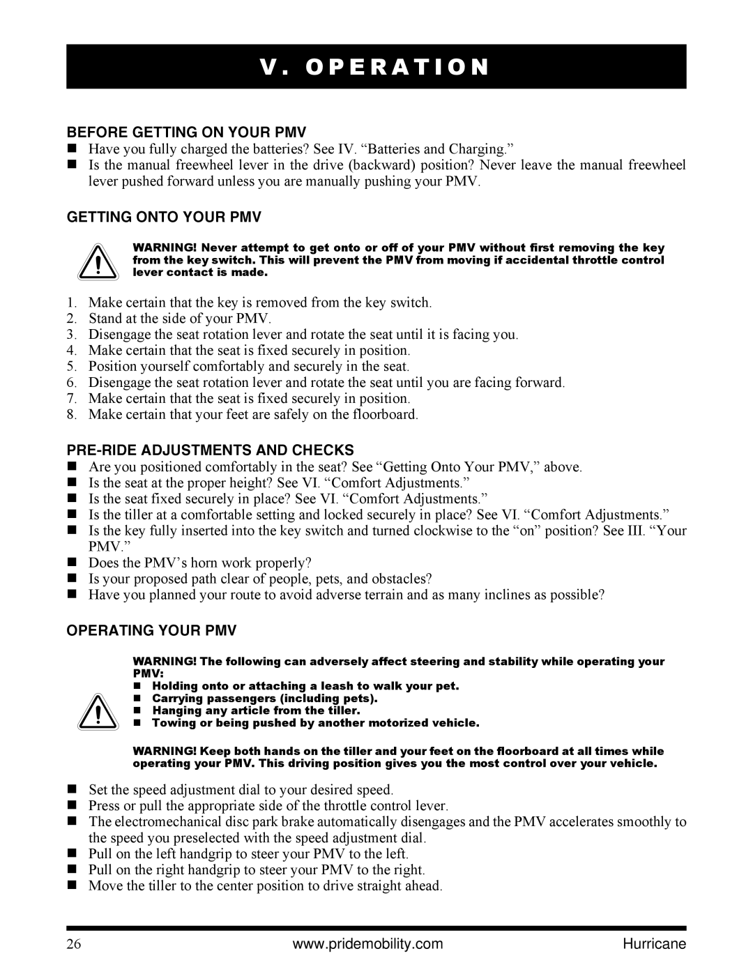 Pride Mobility PMV5001 P E R a T I O N, Before Getting on Your PMV, Getting Onto Your PMV, PRE-RIDE Adjustments and Checks 