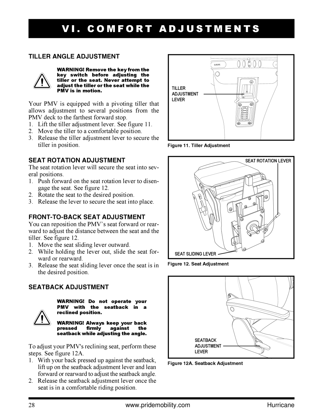 Pride Mobility PMV5001 manual C O M F O R T a D J U S T M E N T S, Tiller Angle Adjustment, Seat Rotation Adjustment 