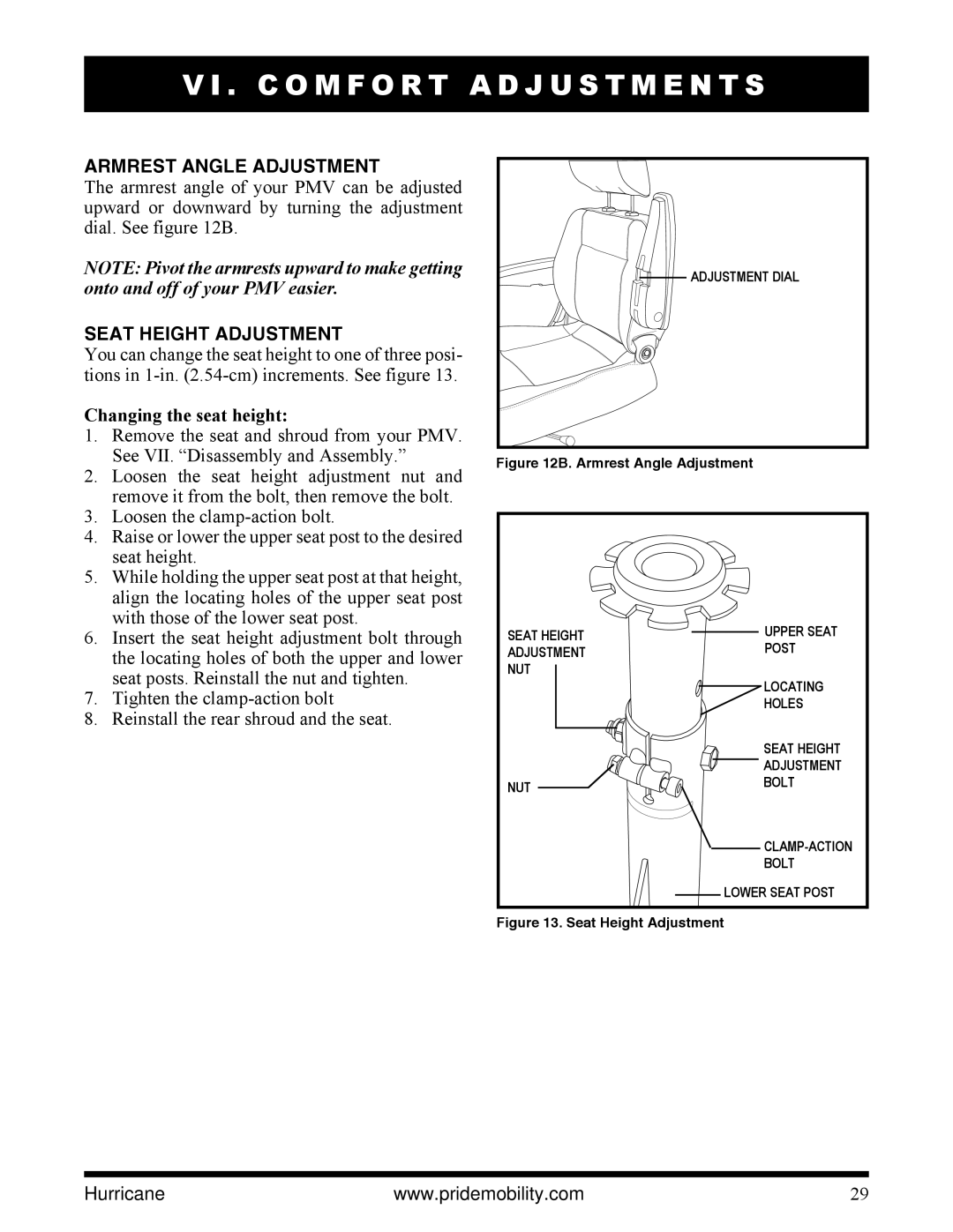 Pride Mobility PMV5001 manual Armrest Angle Adjustment, Seat Height Adjustment, Changing the seat height 