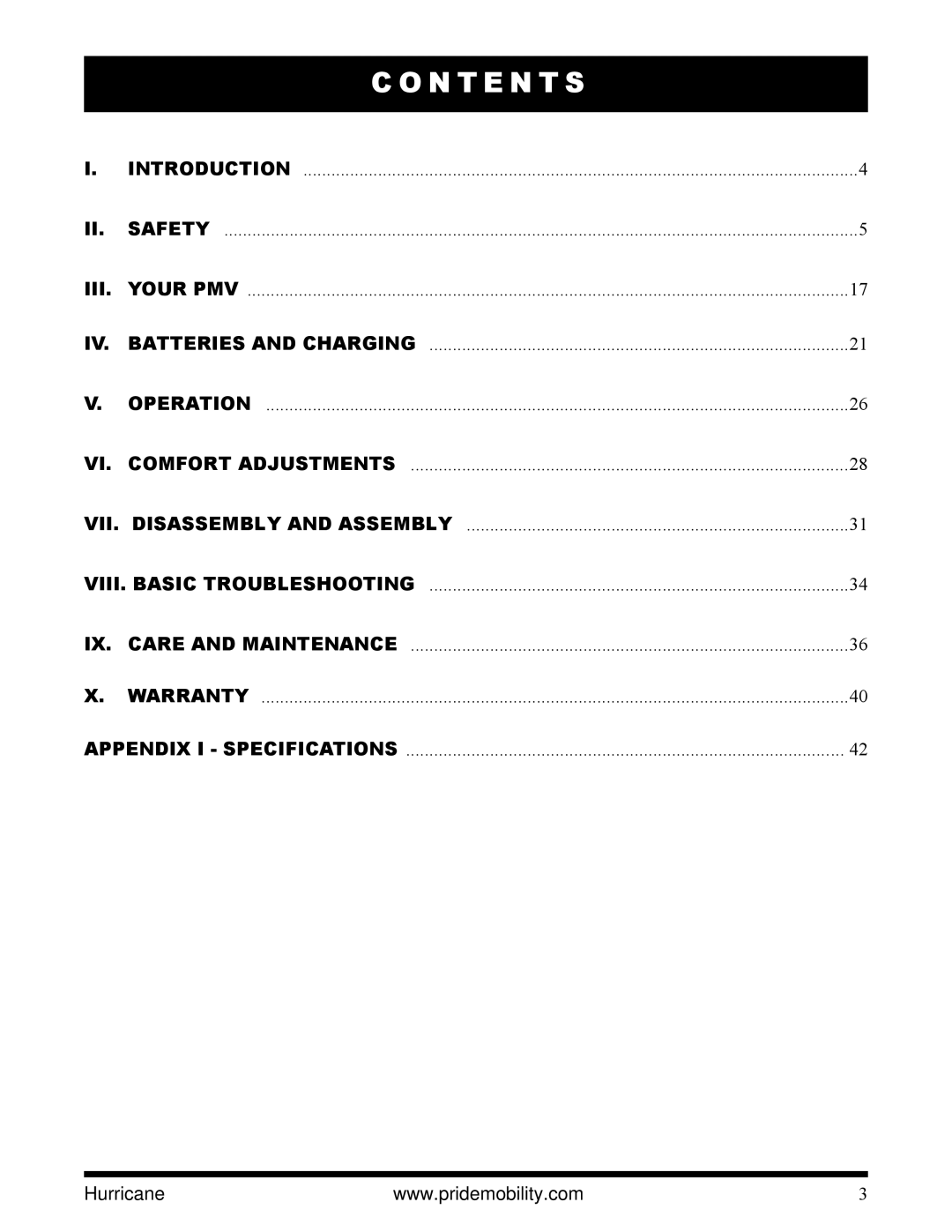Pride Mobility PMV5001 manual N T E N T S 