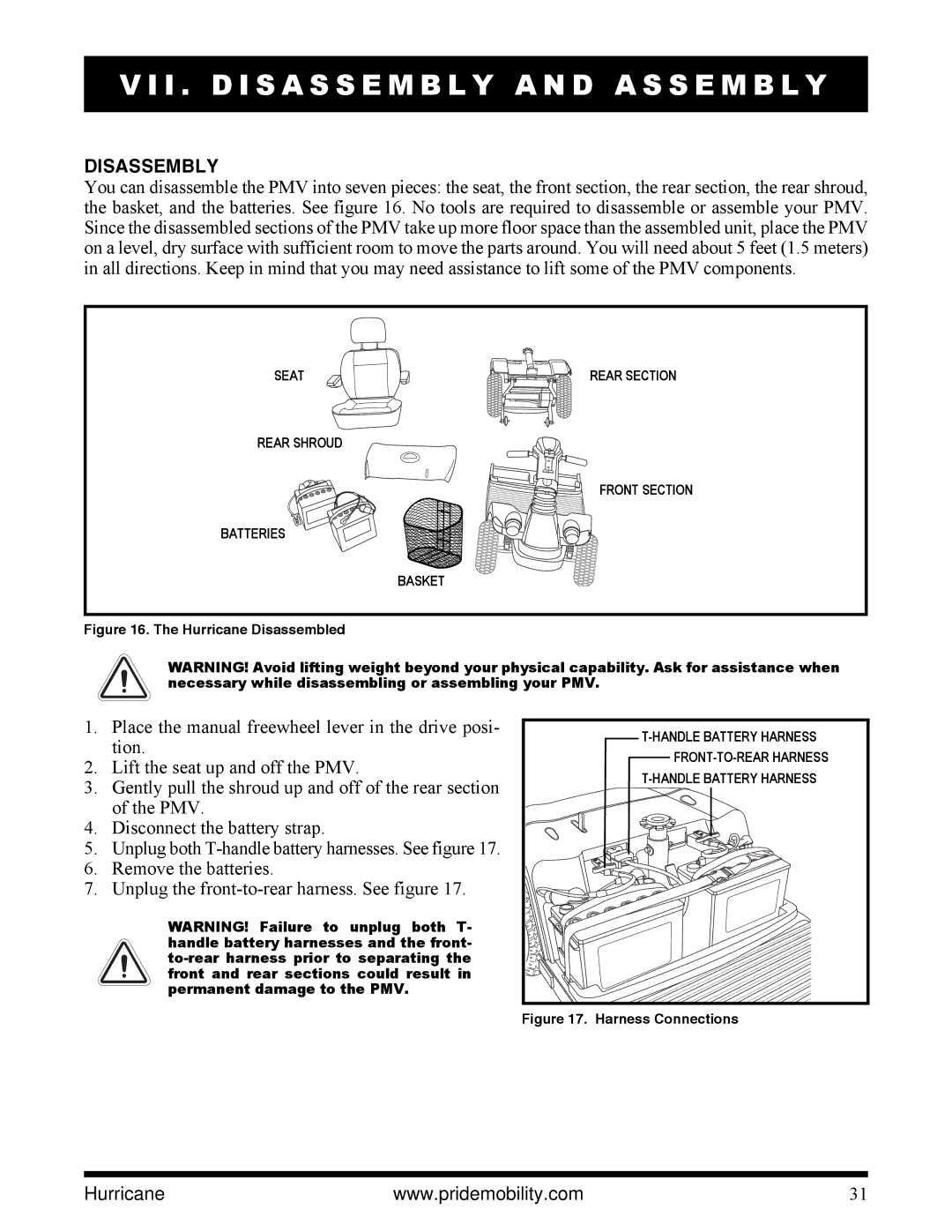 Pride Mobility PMV5001 manual I . D I S a S S E M B L Y a N D a S S E M B L Y, Disassembly 