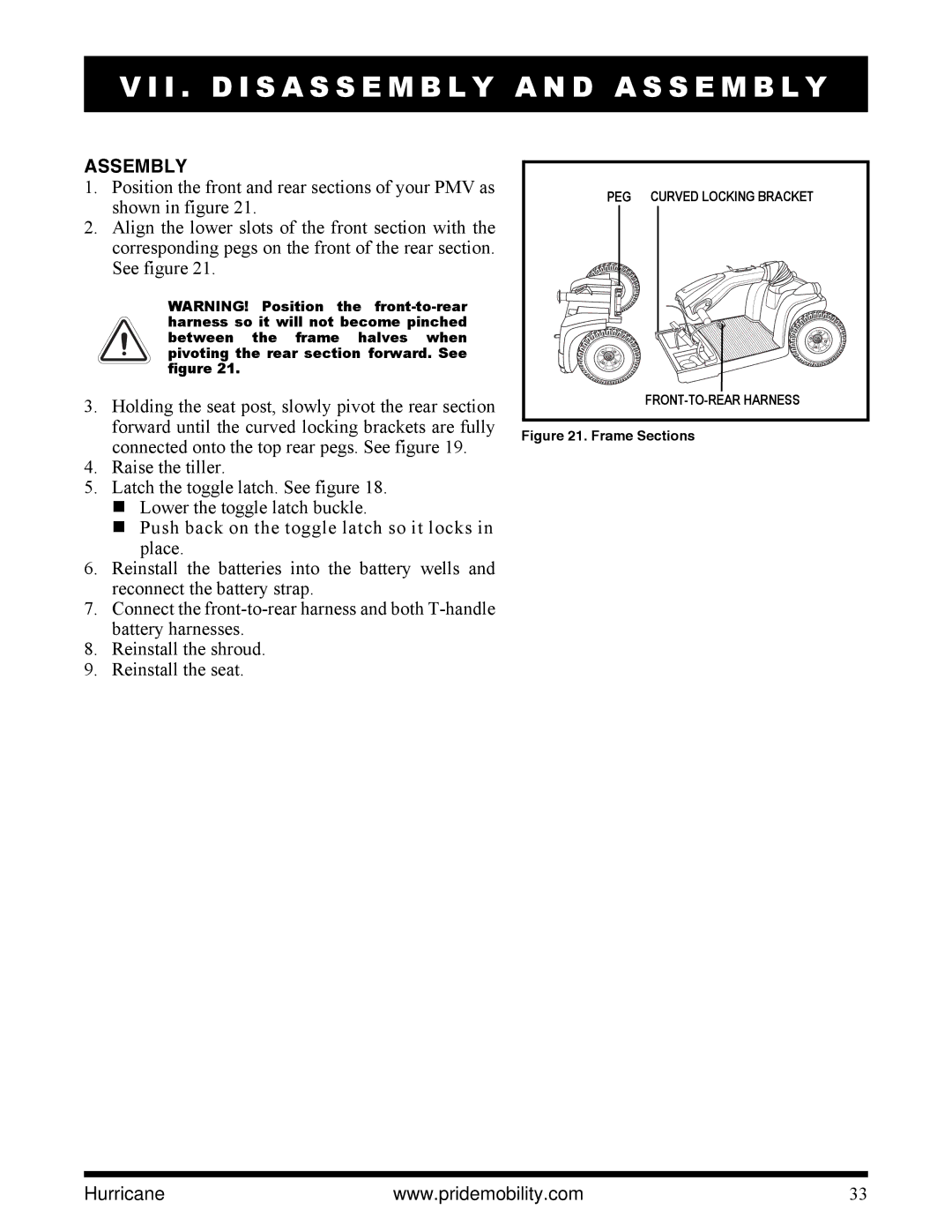 Pride Mobility PMV5001 manual Assembly, Frame Sections 