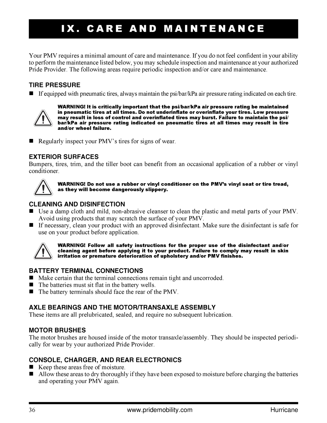 Pride Mobility PMV5001 manual C a R E a N D M a I N T E N a N C E 