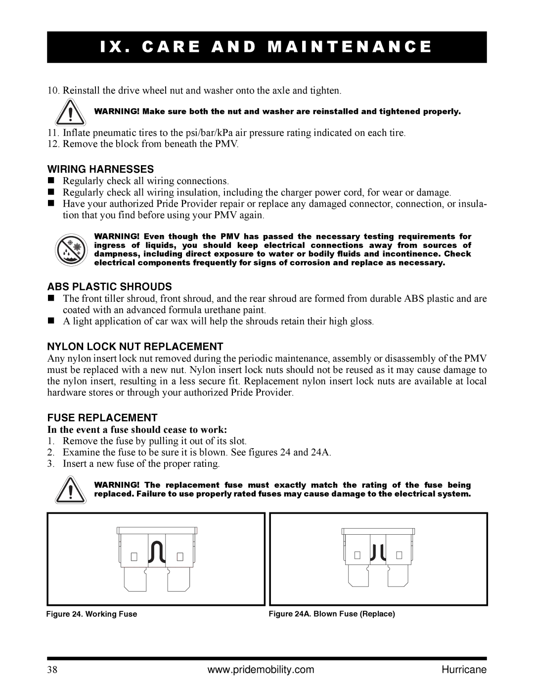 Pride Mobility PMV5001 manual Wiring Harnesses, ABS Plastic Shrouds, Nylon Lock NUT Replacement, Fuse Replacement 