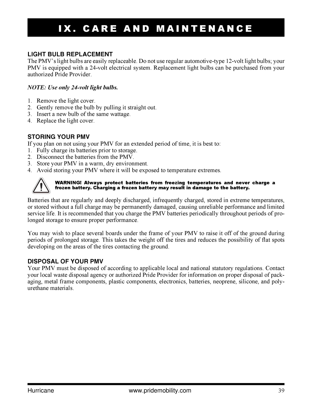 Pride Mobility PMV5001 manual Light Bulb Replacement, Storing Your PMV, Disposal of Your PMV 