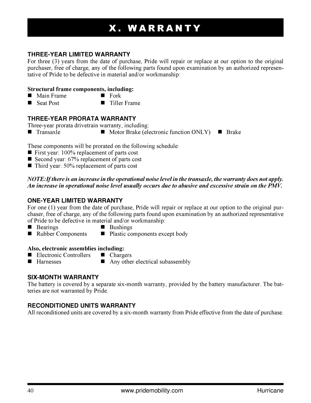 Pride Mobility PMV5001 manual A R R a N T Y 