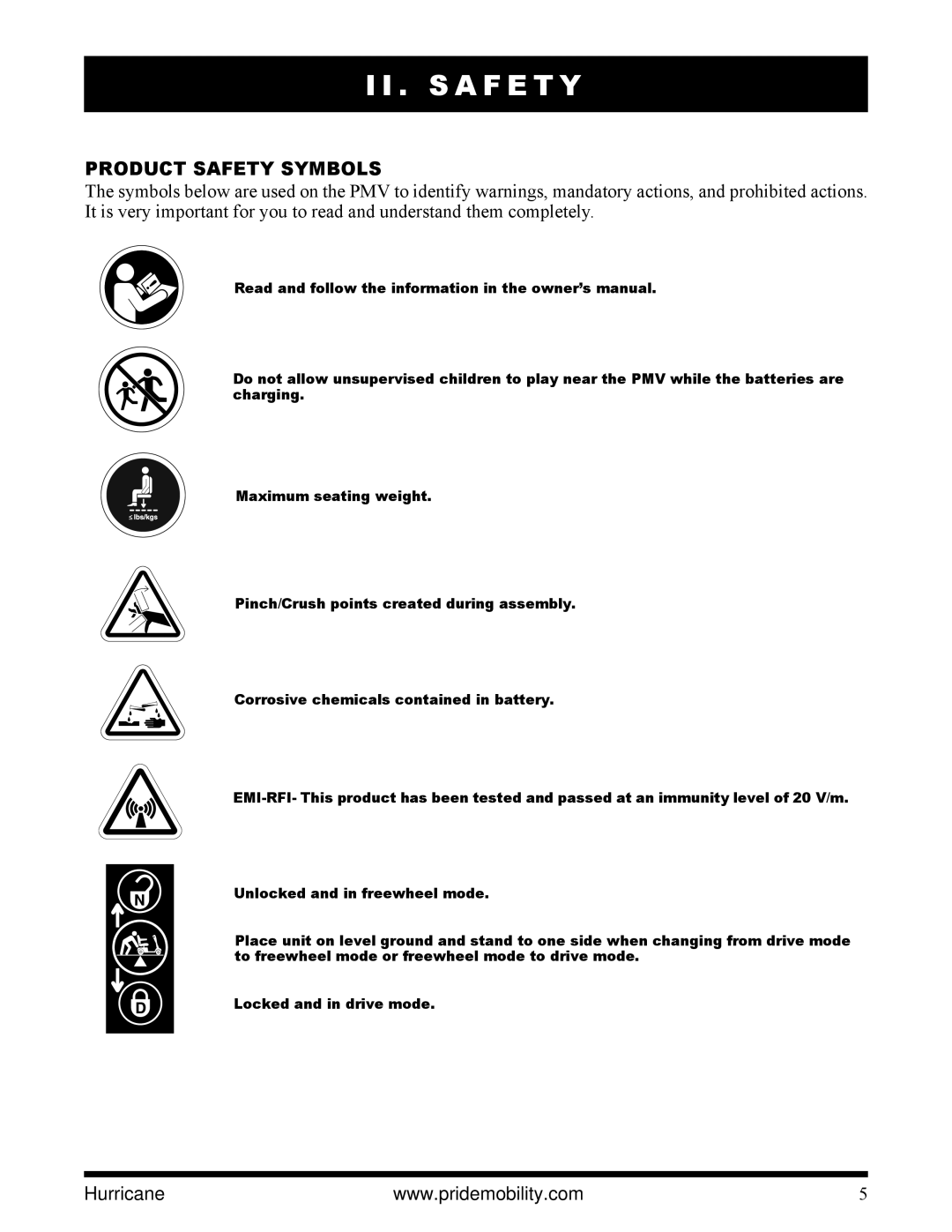 Pride Mobility PMV5001 manual S a F E T Y, Product Safety Symbols 