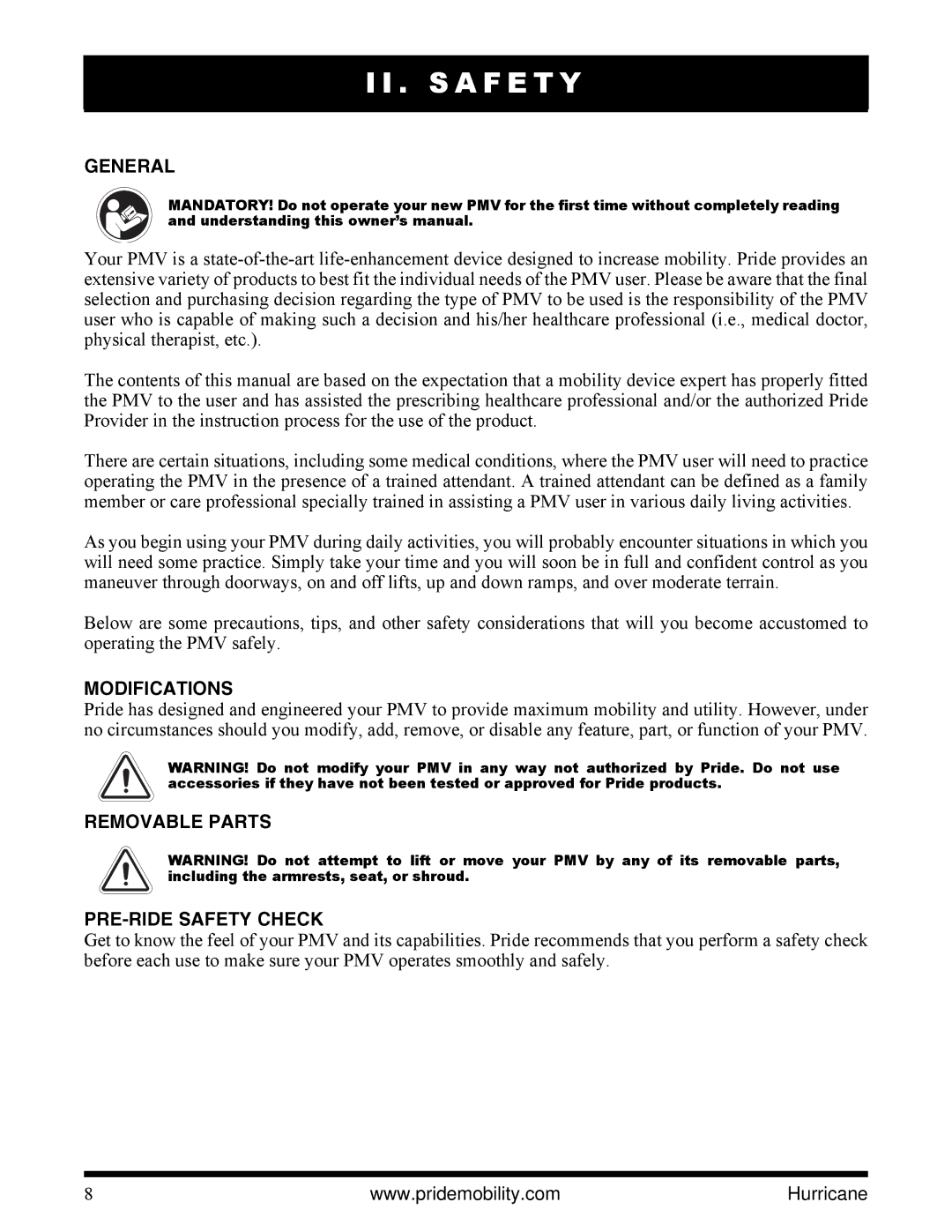 Pride Mobility PMV5001 manual General, Modifications, Removable Parts PRE-RIDE Safety Check 