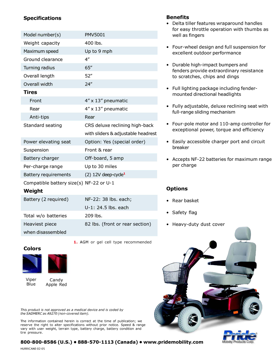 Pride Mobility PMV5001 manual Specifications, Tires, Benefits, Options, Weight, Colors 