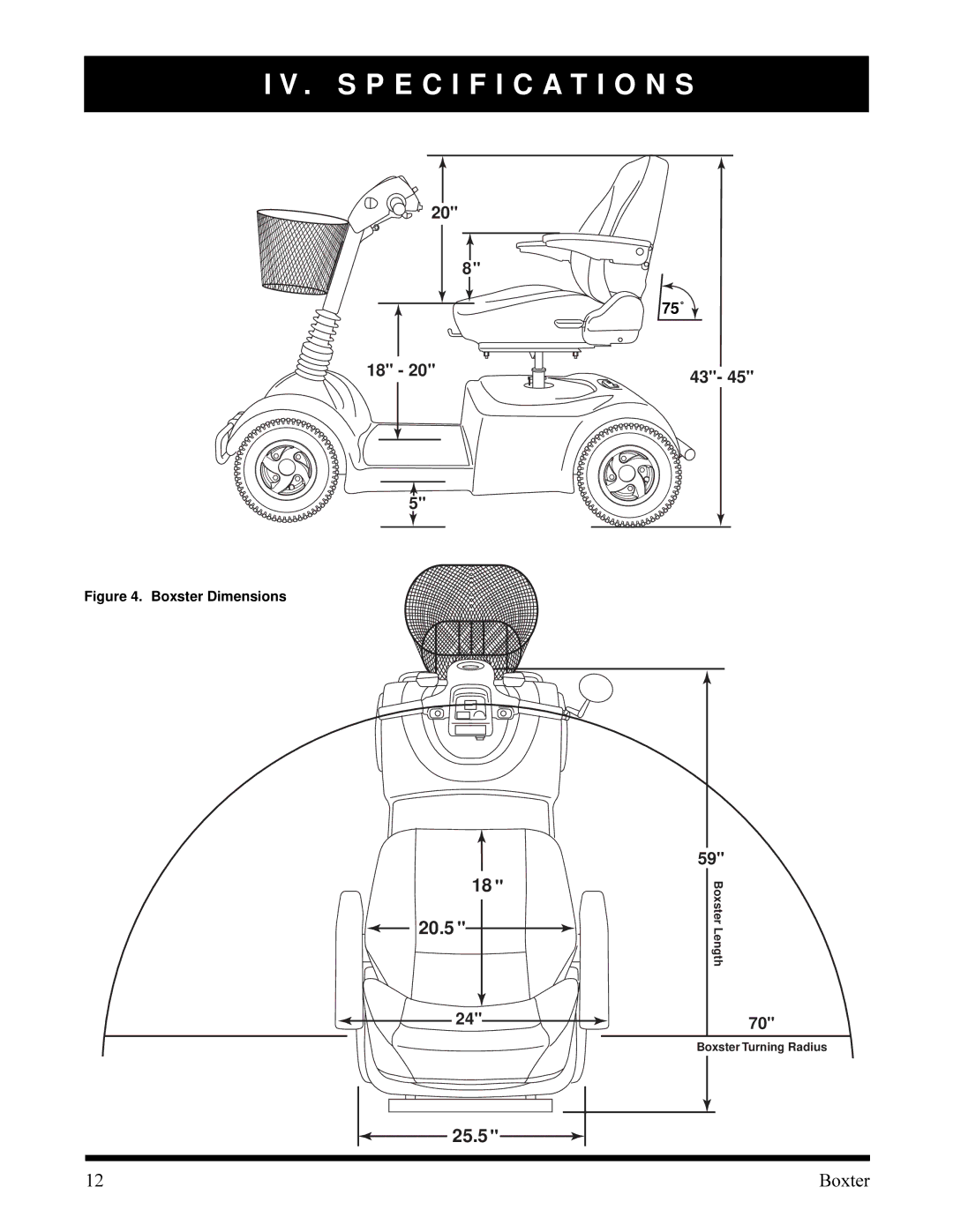 Pride Mobility PMV520VBLU, PMV520OBLK, PMV520HGRN, PMV520CRED owner manual Specification S, Boxster Dimensions 