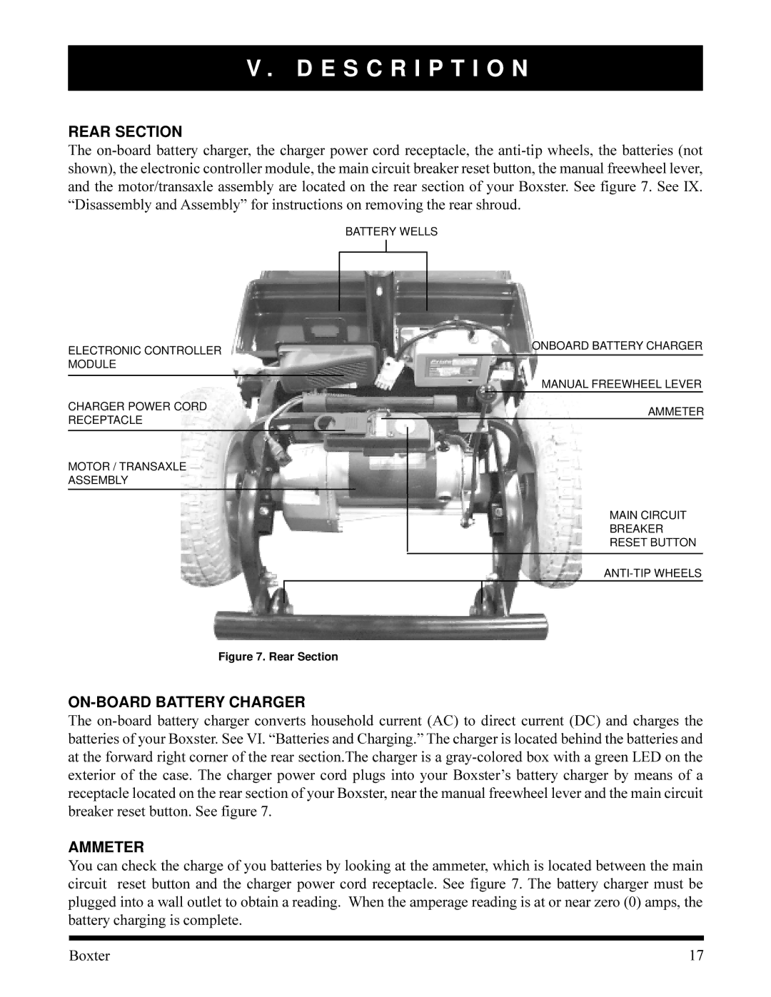 Pride Mobility PMV520OBLK, PMV520VBLU, PMV520HGRN, PMV520CRED owner manual Rear Section, ON-BOARD Battery Charger, Ammeter 