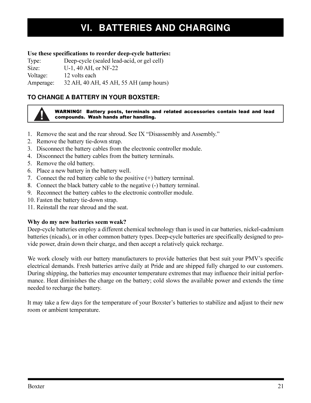 Pride Mobility PMV520OBLK Use these specifications to reorder deep-cycle batteries, To Change a Battery in Your Boxster 