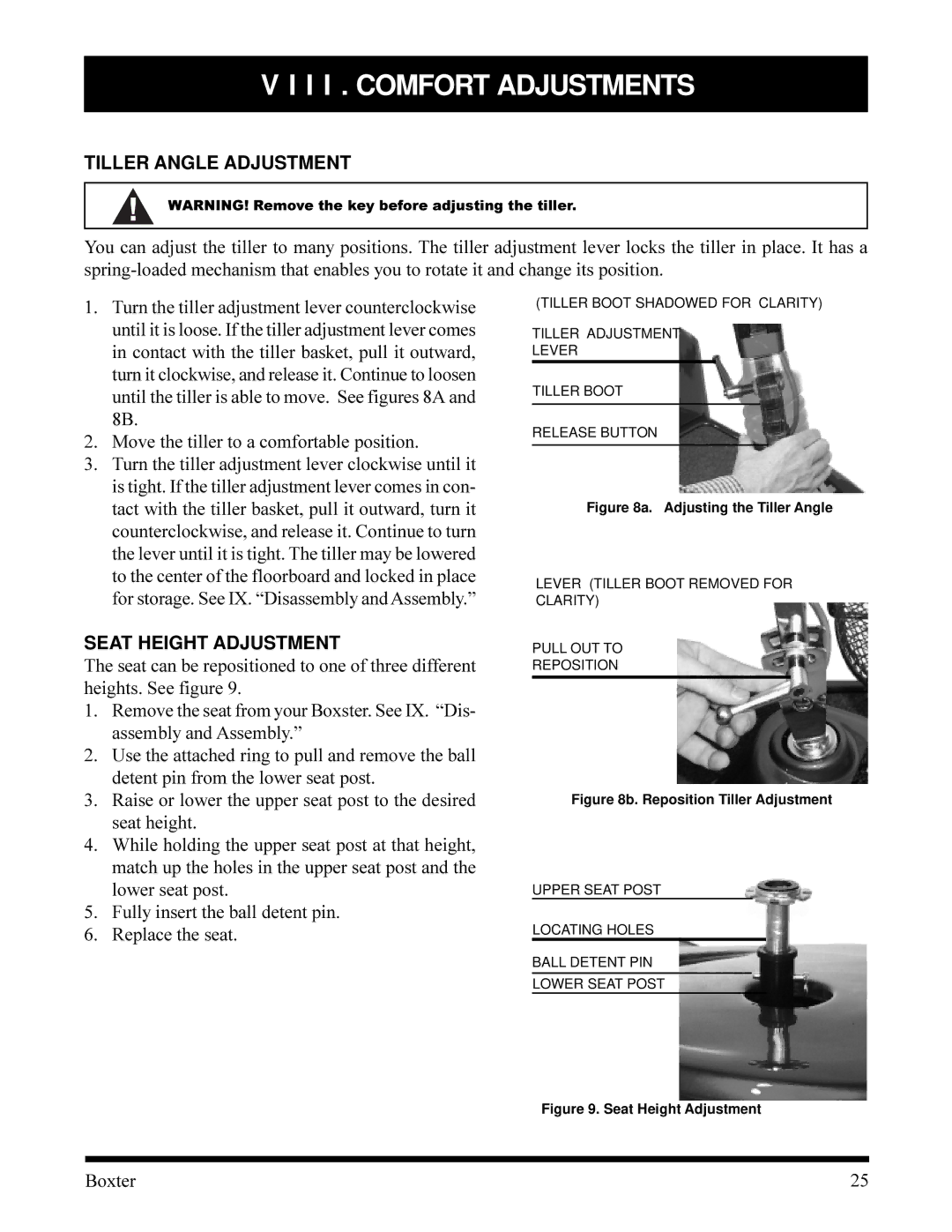 Pride Mobility PMV520OBLK, PMV520VBLU, PMV520HGRN, PMV520CRED owner manual Tiller Angle Adjustment, Seat Height Adjustment 