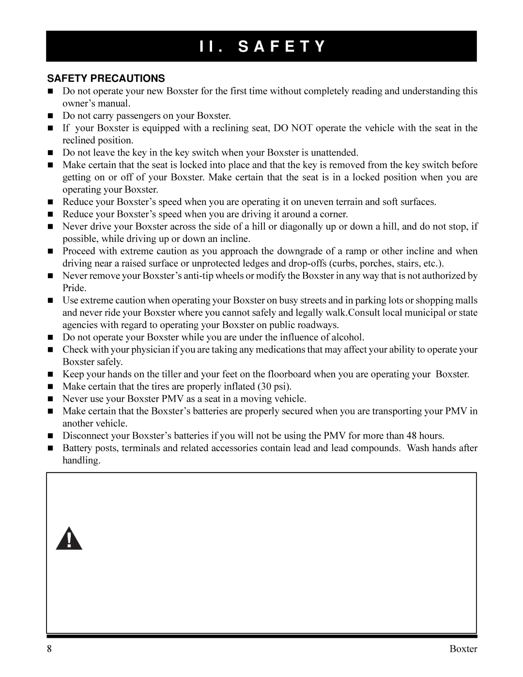 Pride Mobility PMV520VBLU, PMV520OBLK, PMV520HGRN, PMV520CRED owner manual Safety Precautions 