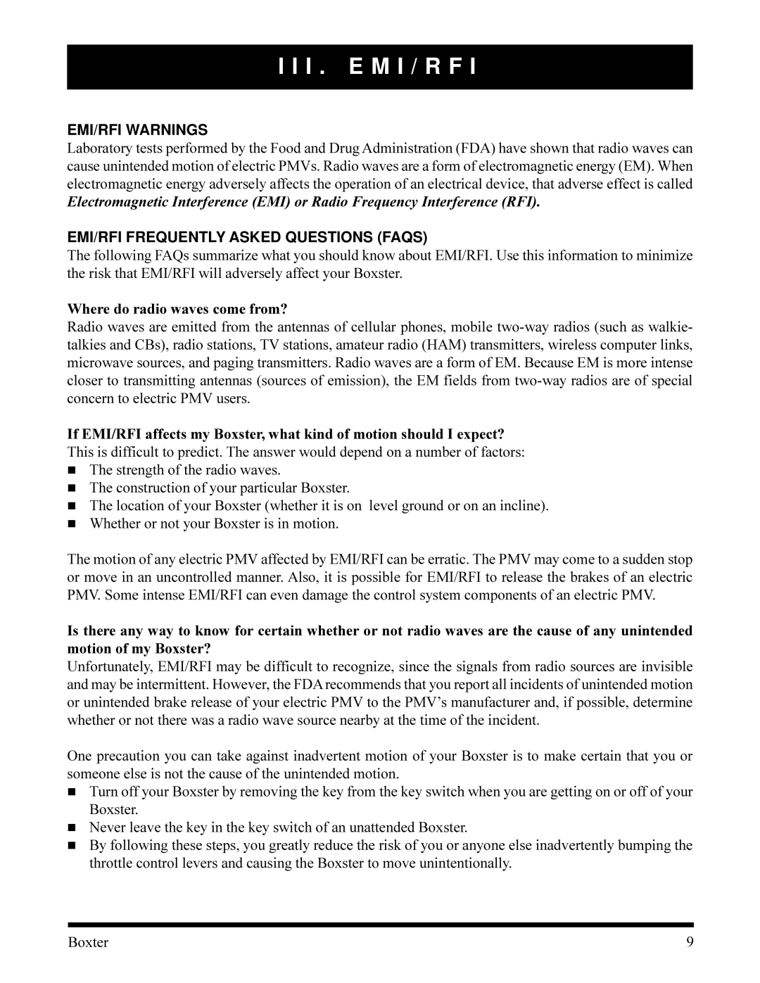 Pride Mobility PMV520OBLK, PMV520VBLU I . E M I / R F, EMI/RFI Warnings, EMI/RFI Frequently Asked Questions Faqs 