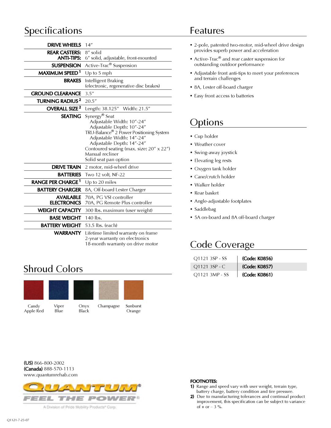 Pride Mobility Quantum 1121 manual Features, Options, Code Coverage, Shroud Colors 