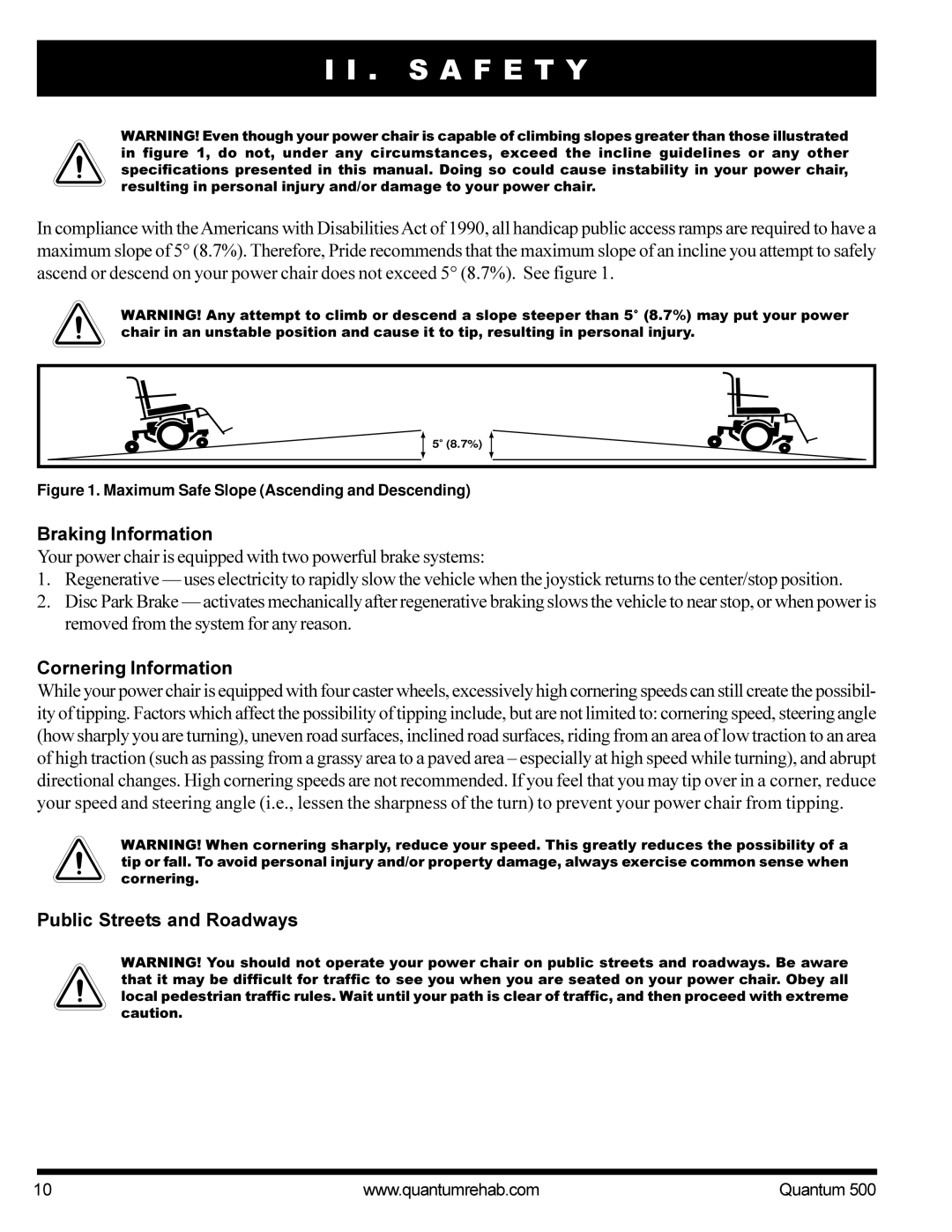 Pride Mobility Quantum 500 manual Braking Information, Cornering Information, Public Streets and Roadways 