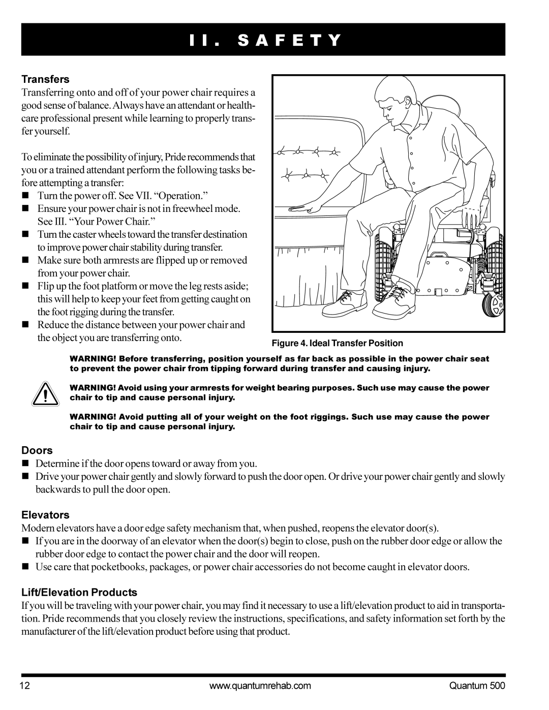 Pride Mobility Quantum 500 manual Transfers, Doors, Elevators, Lift/Elevation Products 