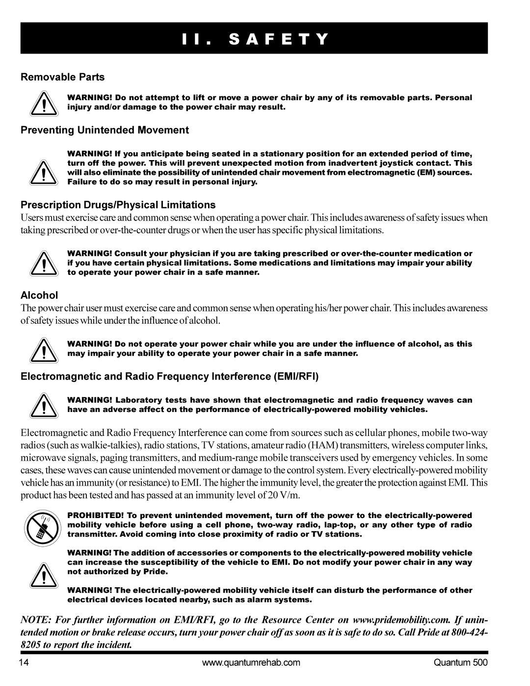 Pride Mobility Quantum 500 manual Alcohol, Electromagnetic and Radio Frequency Interference EMI/RFI 