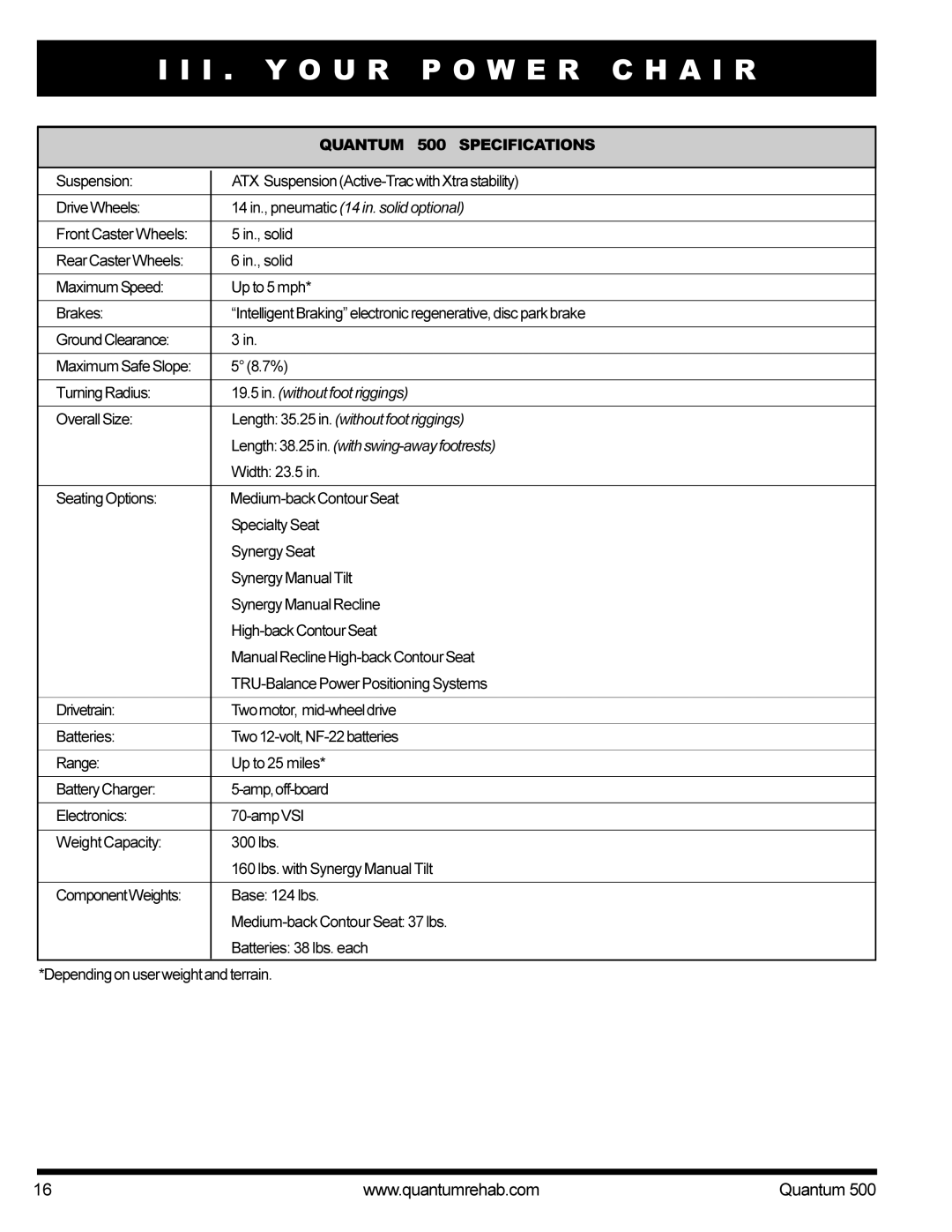 Pride Mobility manual Quantum 500 Specifications 