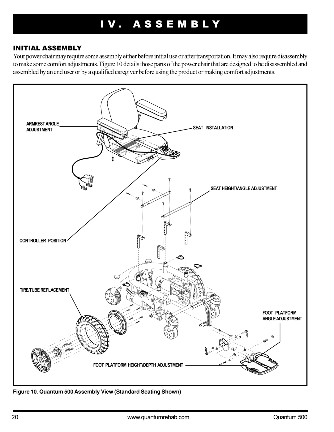 Pride Mobility Quantum 500 manual A S S E M B L Y, Initial Assembly 