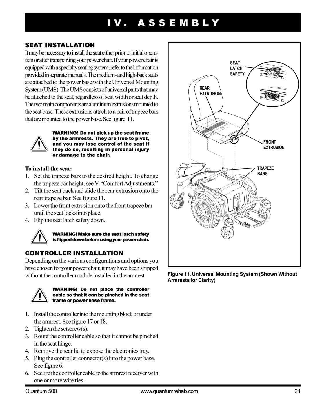 Pride Mobility Quantum 500 manual Seat Installation, To install the seat, Controller Installation 