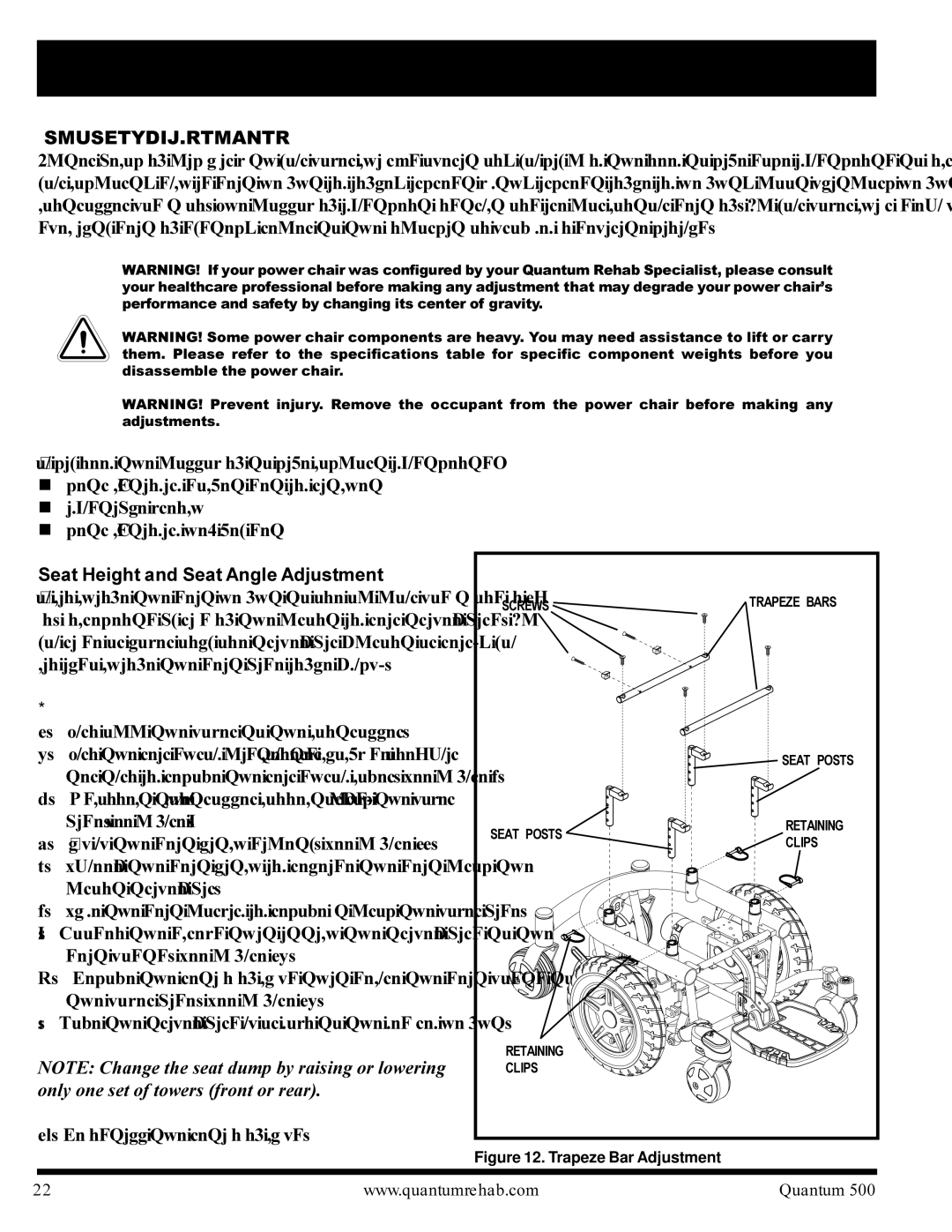 Pride Mobility Quantum 500 manual O M F O R T a D J U S T M E N T S, Seat Height and Seat Angle Adjustment 