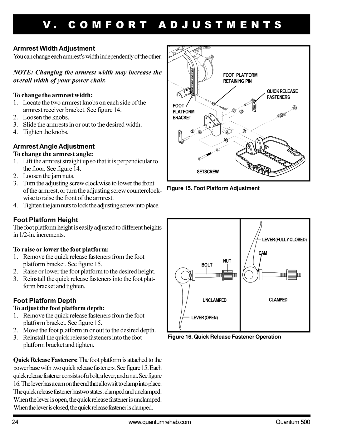 Pride Mobility Quantum 500 manual Armrest Width Adjustment, To change the armrest width, Foot Platform Height 