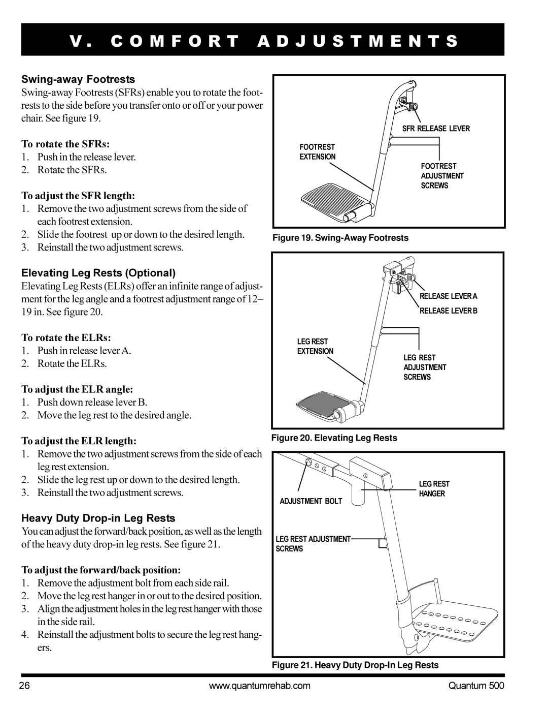 Pride Mobility Quantum 500 manual Swing-away Footrests, To rotate the SFRs, To adjust the SFR length, To rotate the ELRs 