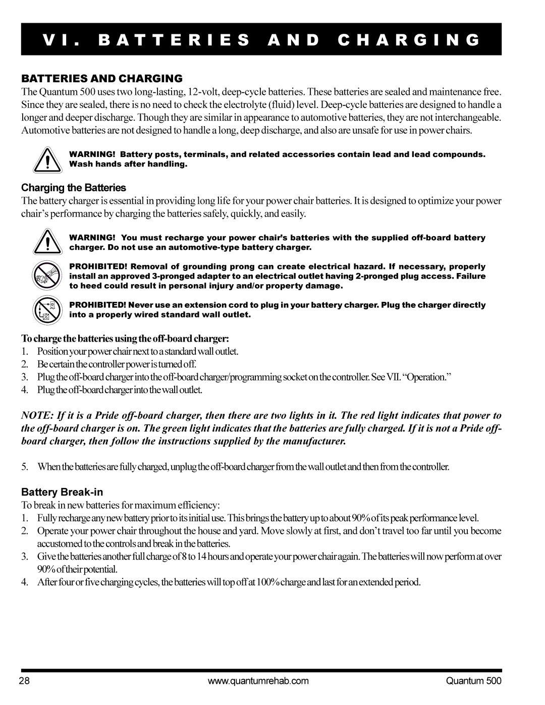 Pride Mobility Quantum 500 manual B a T T E R I E S a N D C H a R G I N G, Batteries and Charging, Charging the Batteries 