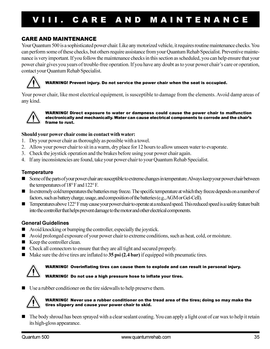 Pride Mobility Quantum 500 manual I I . C a R E a N D M a I N T E N a N C E, Care and Maintenance, Temperature 