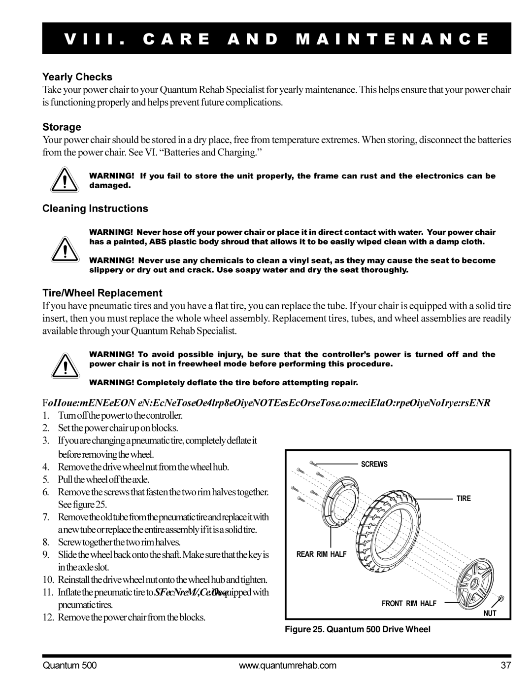 Pride Mobility Quantum 500 manual Yearly Checks, Storage, Cleaning Instructions Tire/Wheel Replacement 