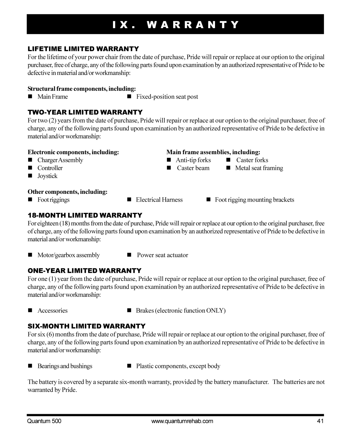 Pride Mobility Quantum 500 manual W a R R a N T Y 