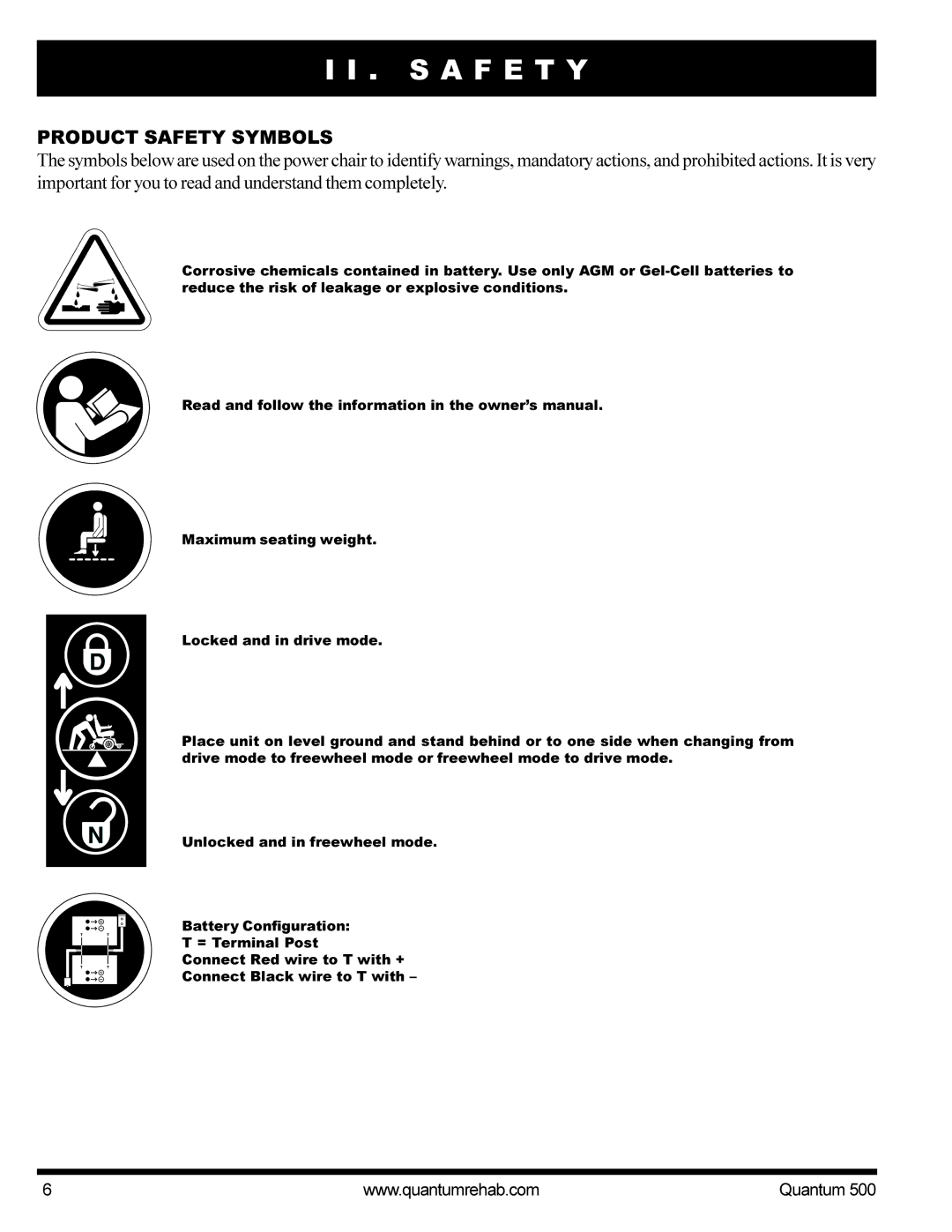 Pride Mobility Quantum 500 manual S a F E T Y, Product Safety Symbols 