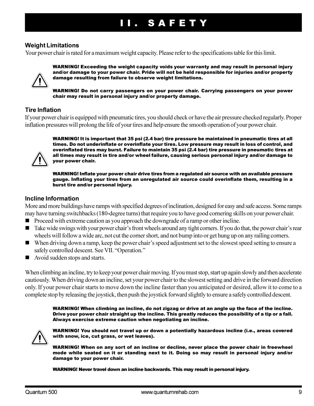 Pride Mobility Quantum 500 manual Weight Limitations, Tire Inflation, Incline Information 