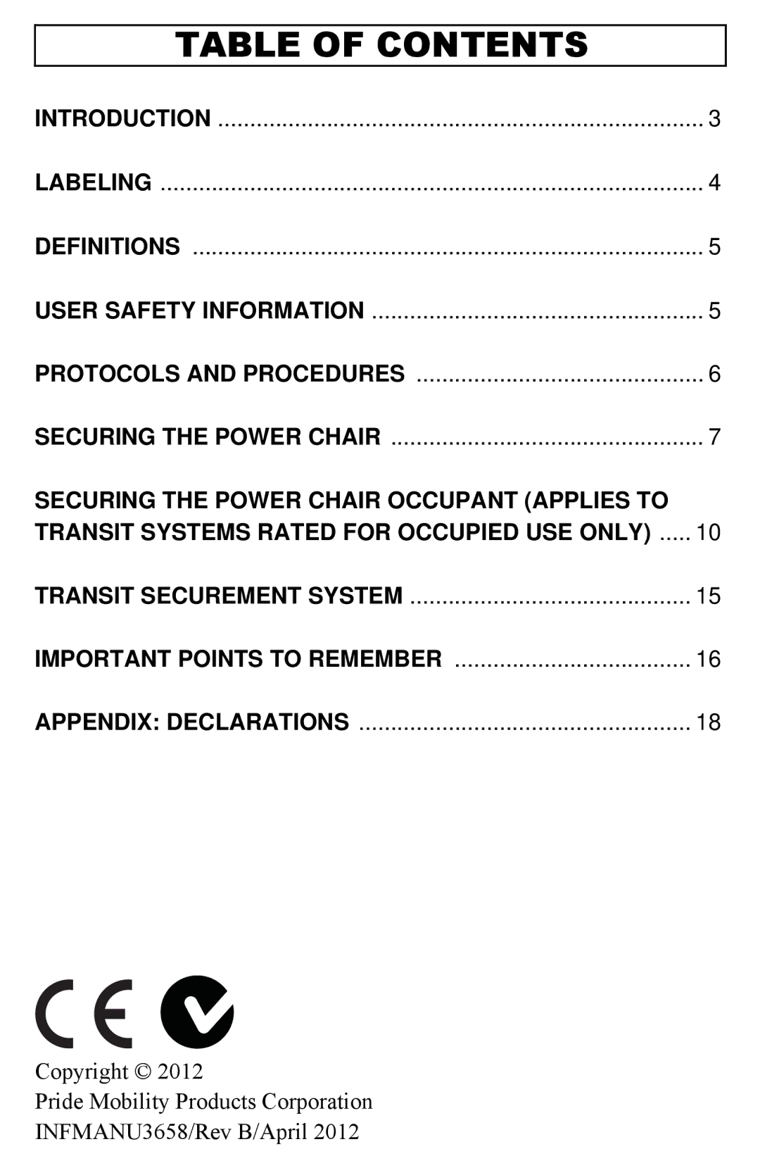 Pride Mobility Quantum 6000Z, Q6 Edge manual Table of Contents 