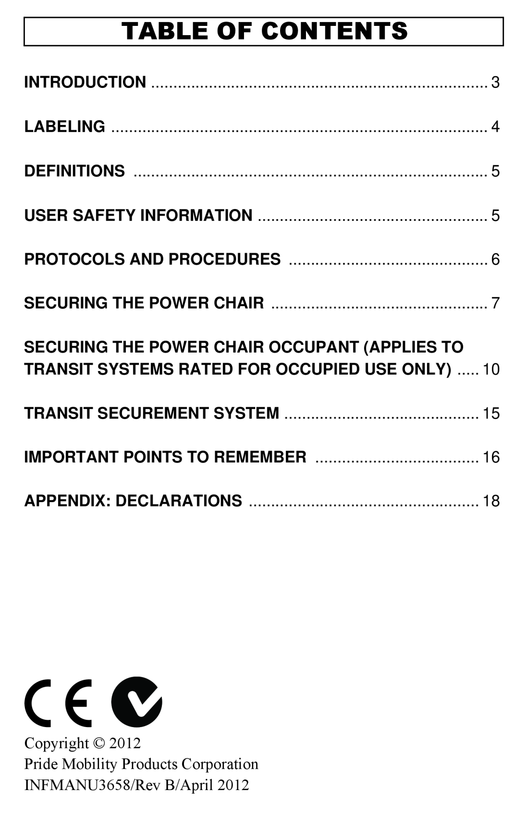 Pride Mobility Quantum 6000Z, Q6 Edge manual Table Of Contents 