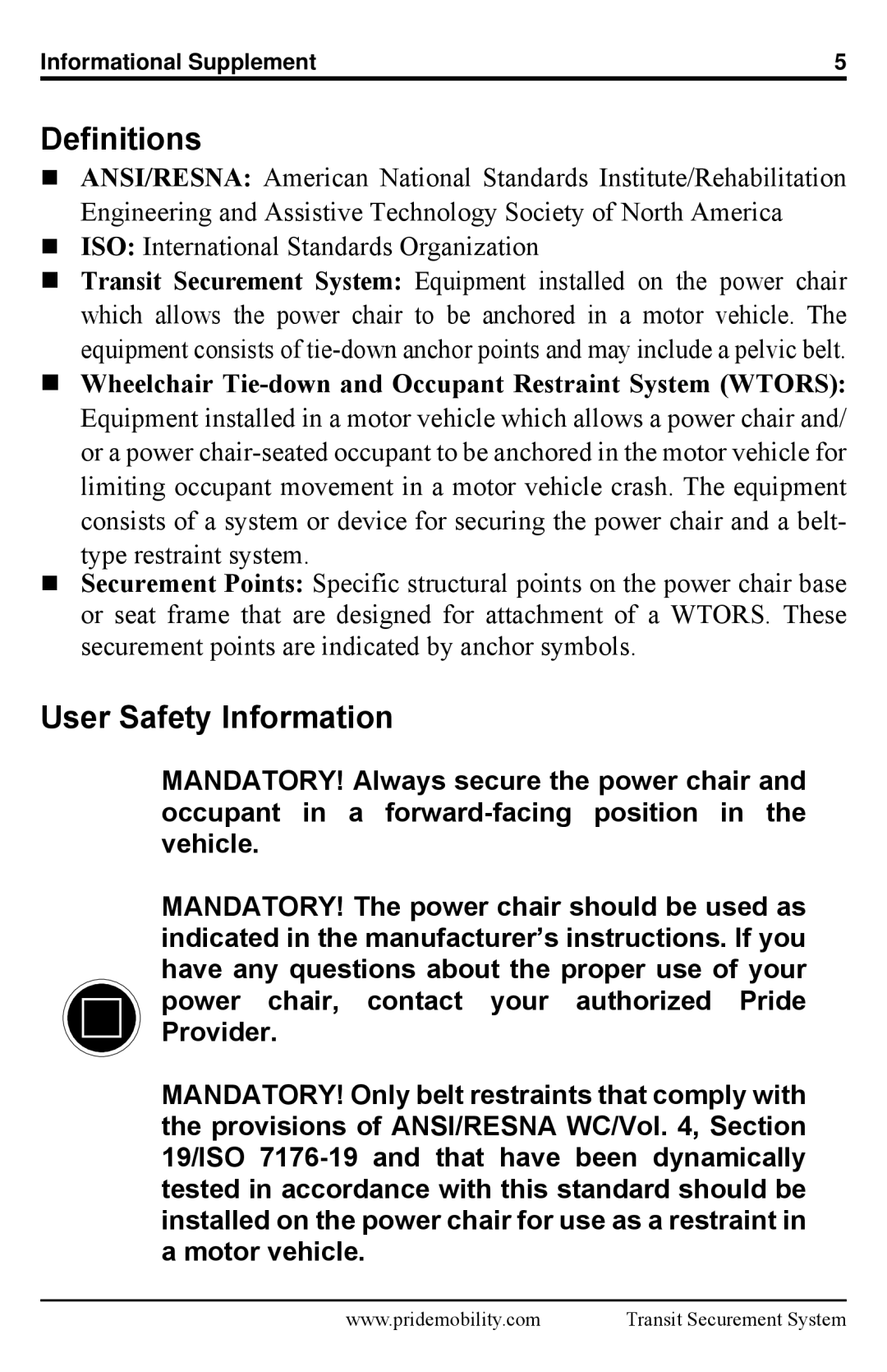 Pride Mobility Quantum 6000Z, Q6 Edge manual Definitions, User Safety Information 