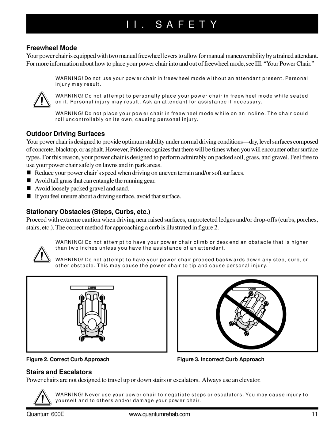Pride Mobility QUANTUM 600E owner manual Freewheel Mode, Outdoor Driving Surfaces, Stationary Obstacles Steps, Curbs, etc 