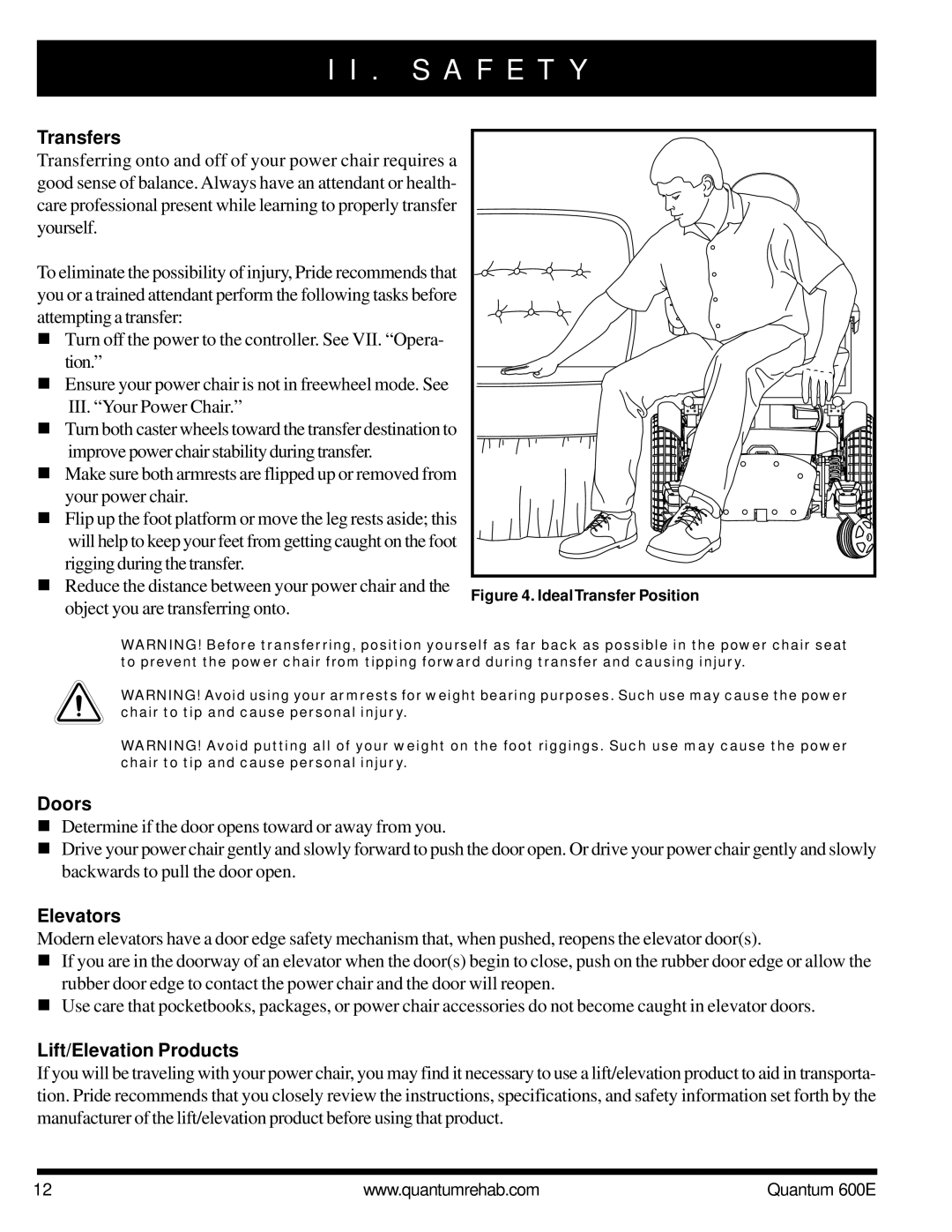 Pride Mobility QUANTUM 600E owner manual Transfers, Doors, Elevators, Lift/Elevation Products 