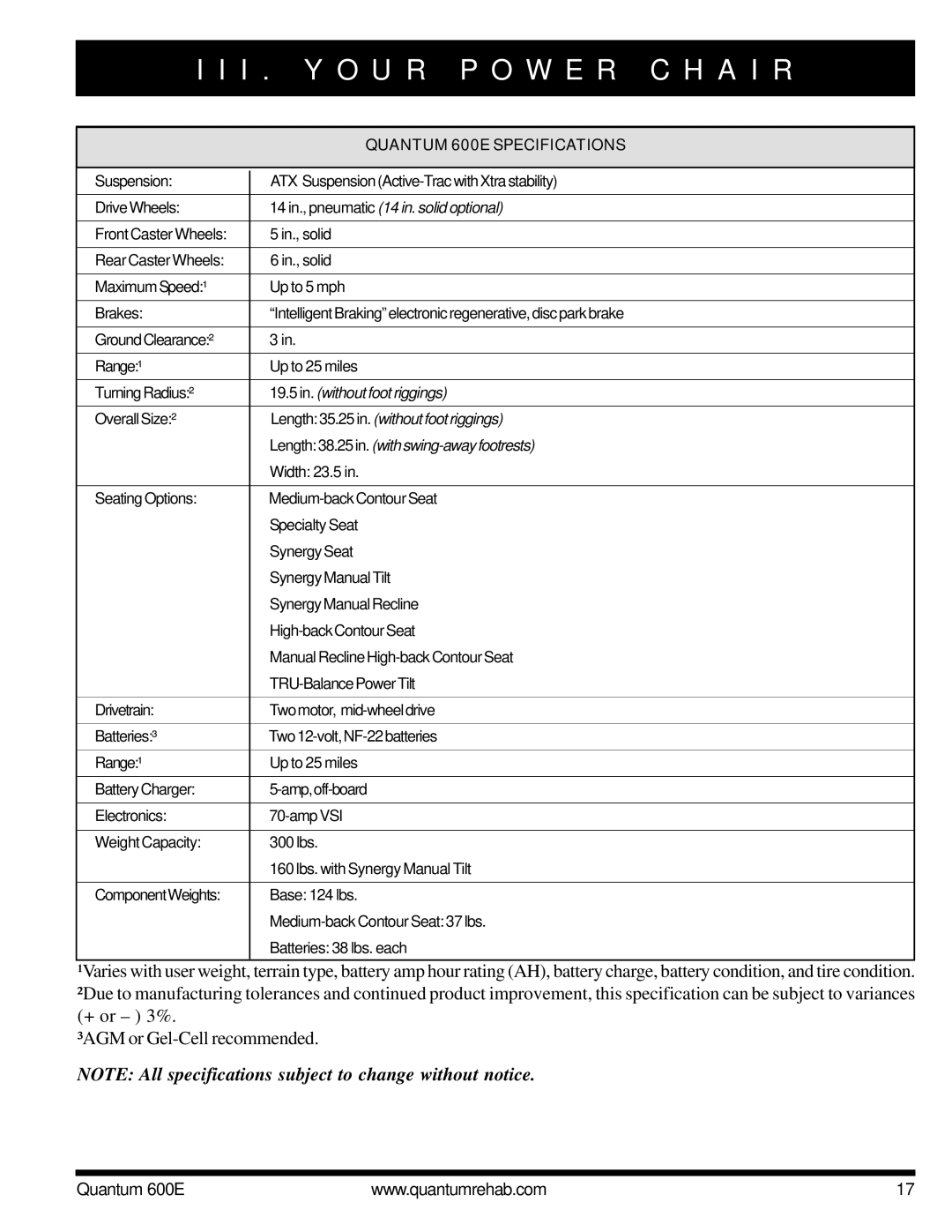 Pride Mobility QUANTUM 600E owner manual Quantum 600E Specifications 