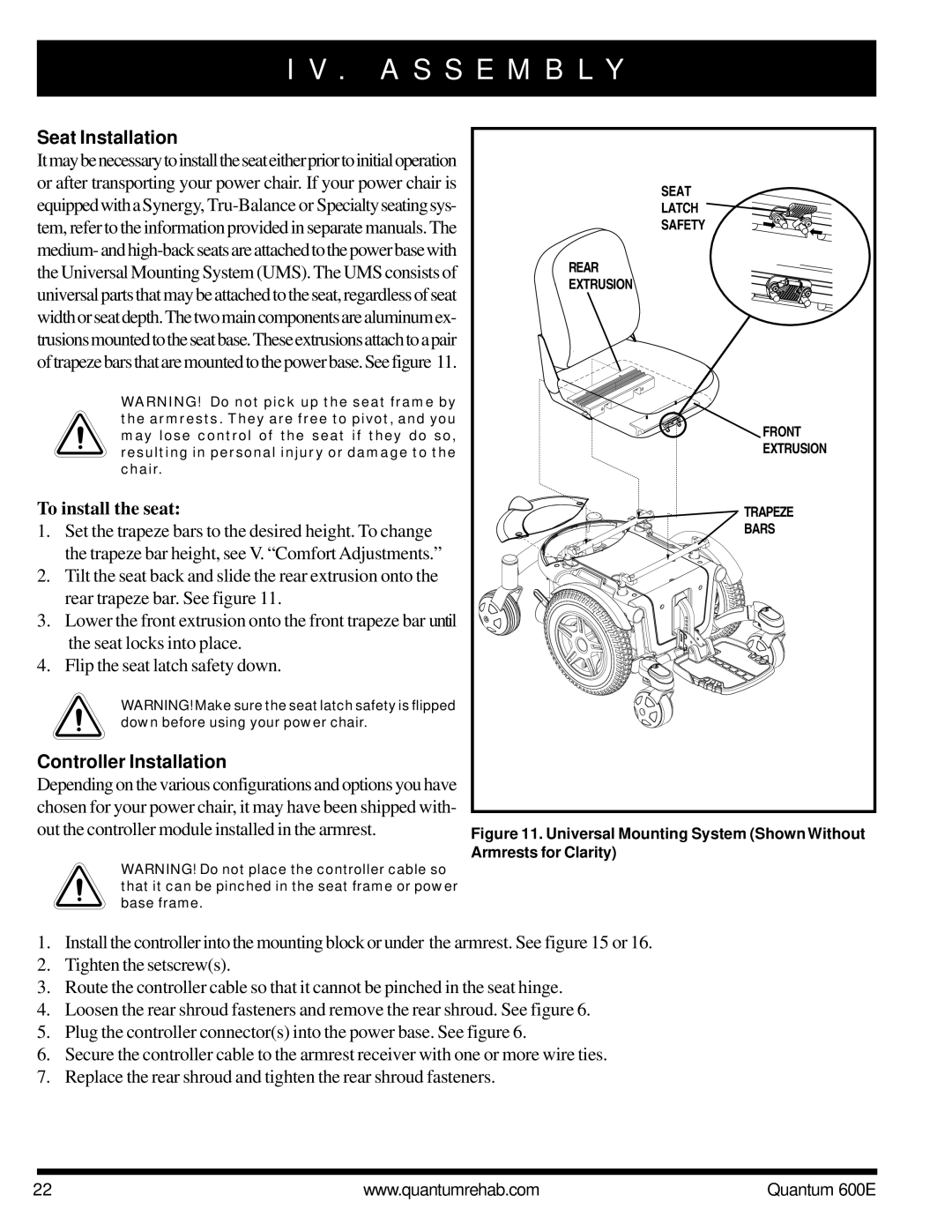 Pride Mobility QUANTUM 600E owner manual Seat Installation, To install the seat, Controller Installation 