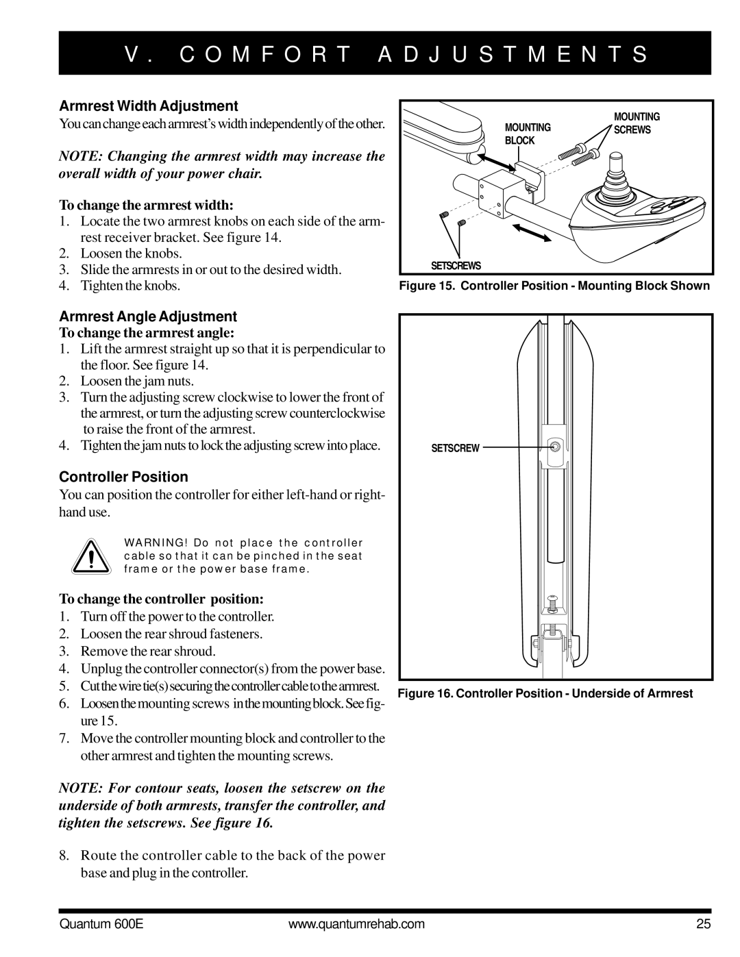 Pride Mobility QUANTUM 600E owner manual Armrest Width Adjustment, Armrest Angle Adjustment, Controller Position 