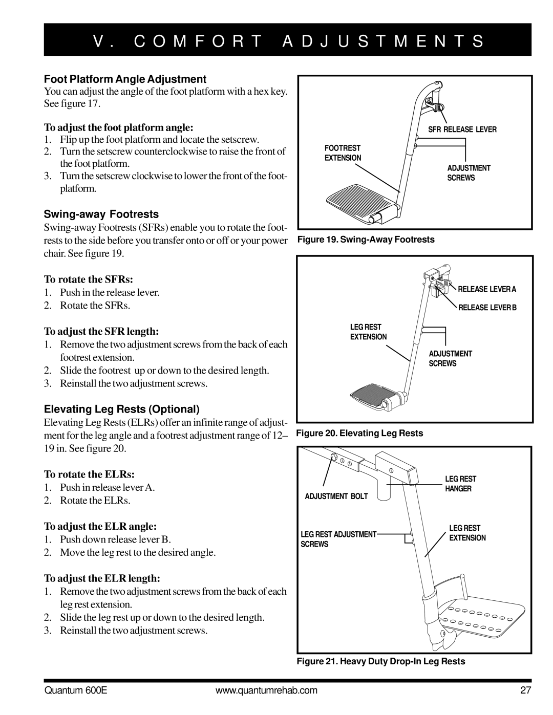 Pride Mobility QUANTUM 600E owner manual Foot Platform Angle Adjustment, Swing-away Footrests, Elevating Leg Rests Optional 