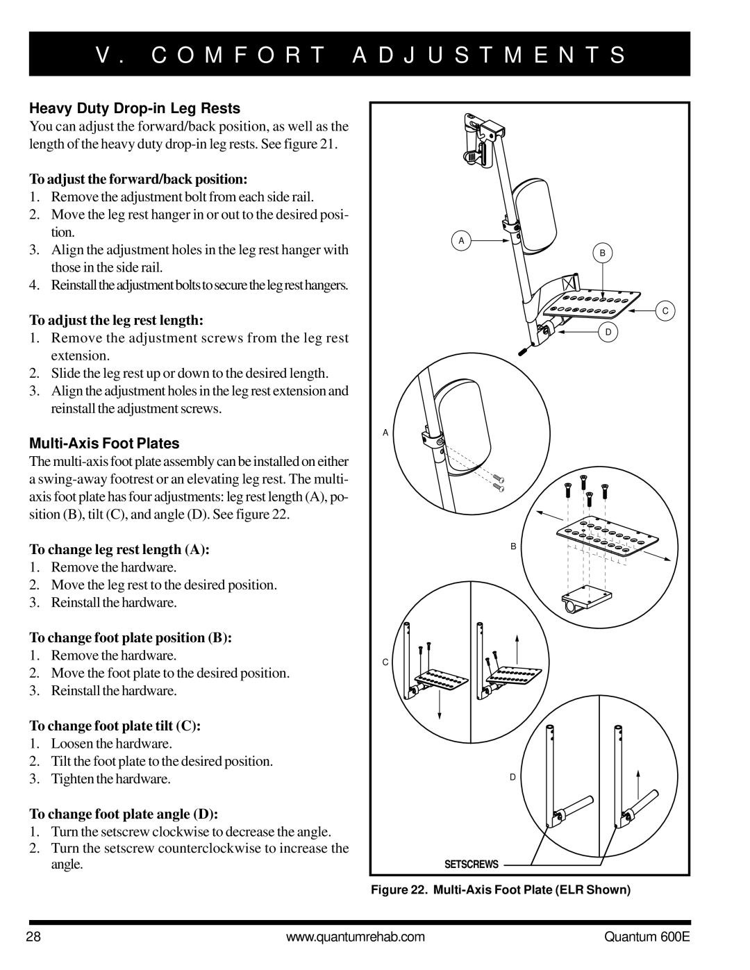 Pride Mobility QUANTUM 600E owner manual Heavy Duty Drop-in Leg Rests, Multi-Axis Foot Plates 