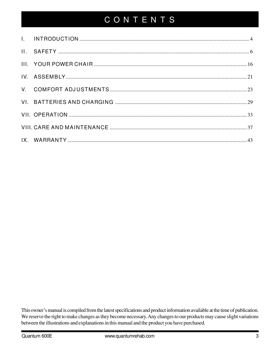 Pride Mobility QUANTUM 600E owner manual N T E N T S, Iii 